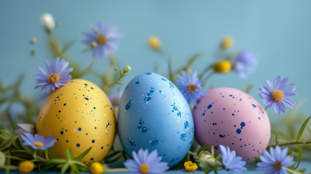 Photo easter eggs in the grass on a blue background easter background ai generative