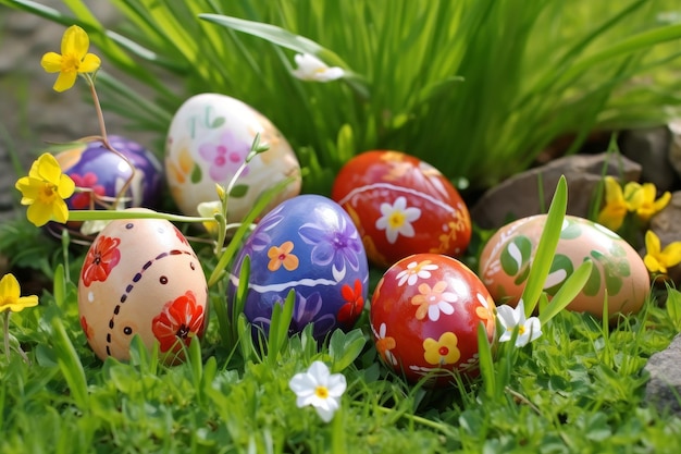 Easter eggs on grass Spring holiday