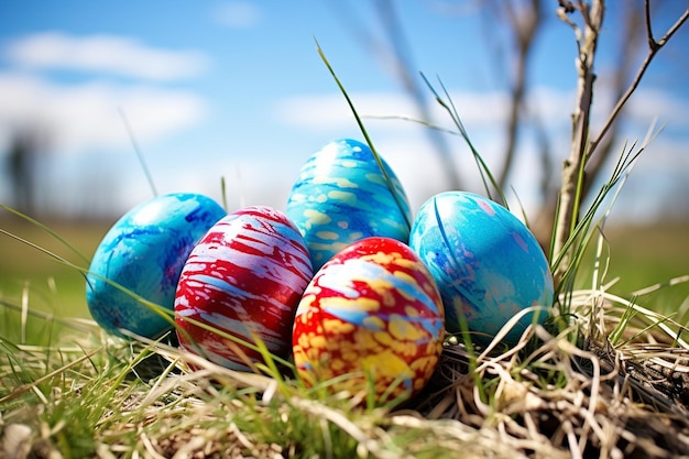 Easter eggs in grass on a sunny day