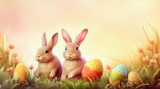 Easter eggs in the grass with bunnies