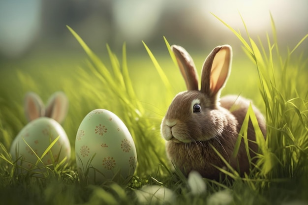 Easter eggs in the grass with a bunny and a bunny