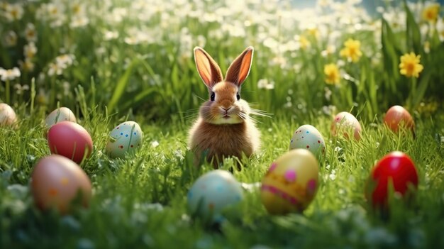 Easter eggs in the grass with a bunny in the grass