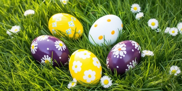 Easter eggs in the grass with daisies