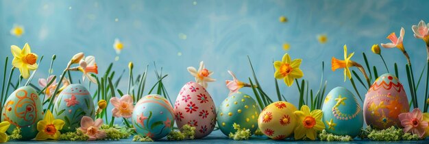 easter eggs in the grass with flowers