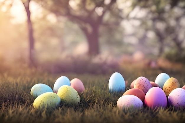 Easter eggs on the grass with the sun shining on them