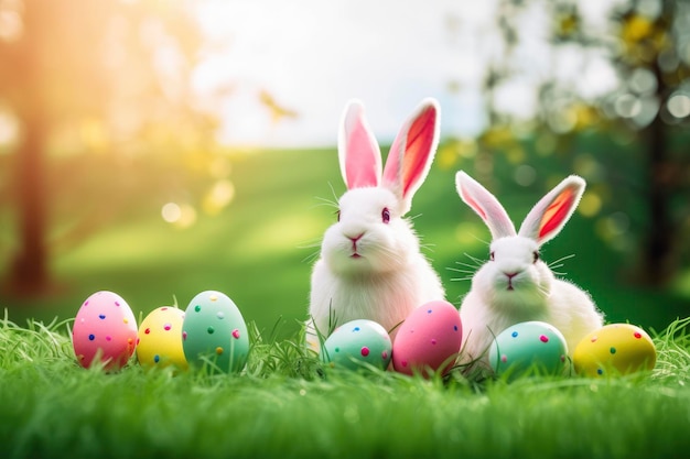 Easter eggs in the grass with two rabbits