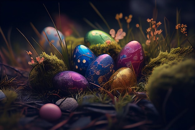 Easter eggs on grassgenerative ai