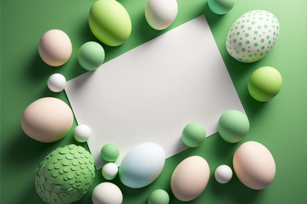 Easter eggs on a green background with a blank card in the middle.