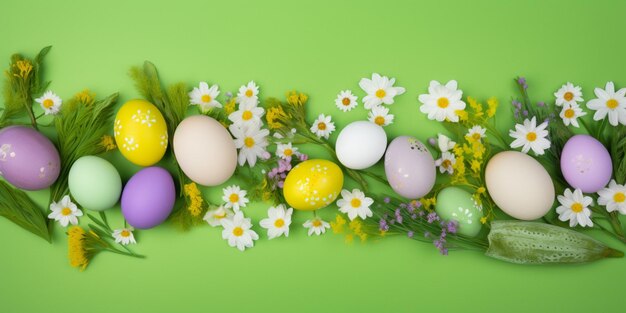 Easter eggs on a green background with daisies