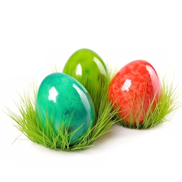 Easter eggs in green grass isolated on white background generate ai