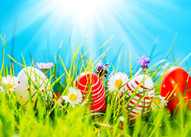 Easter eggs in green grass with flowers blue sky and sun