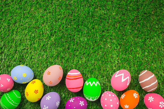 Easter eggs on the green grass.