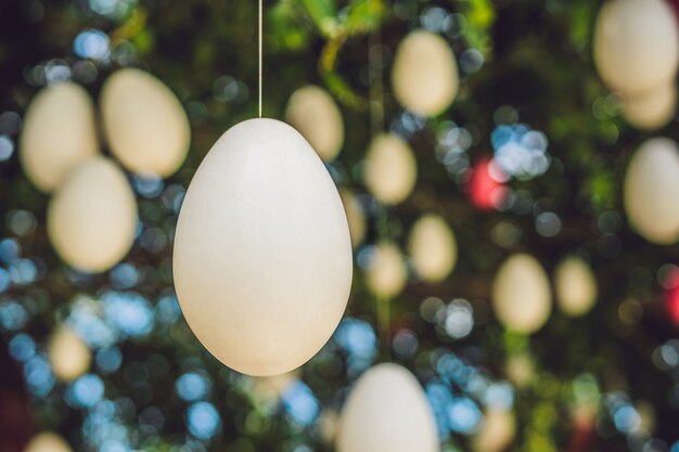 Easter eggs hanging on ropes on a tree