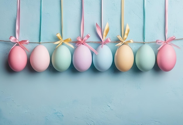 easter eggs hanging on a string with a ribbon tied around them