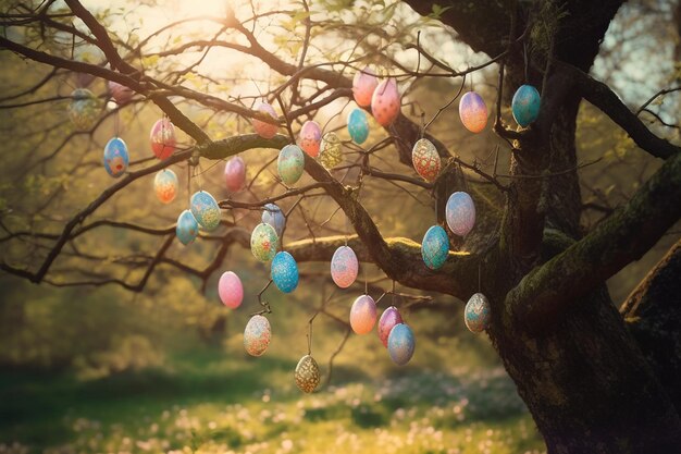 Easter eggs hanging on a tree in the forest