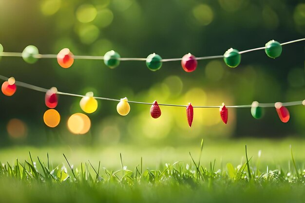 Photo easter eggs hanging on a wire with the sun shining through the grass.