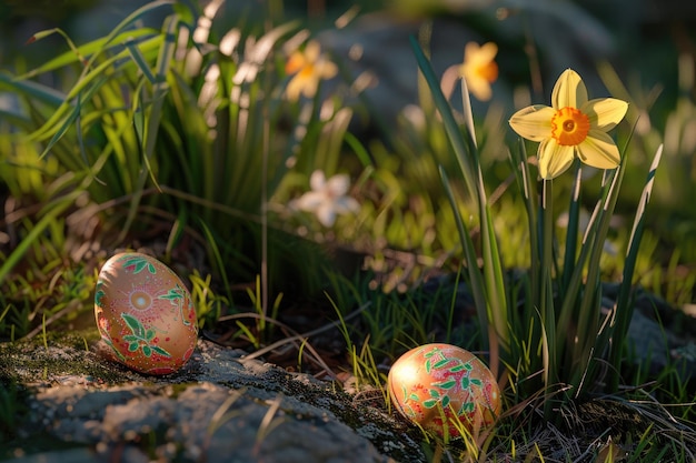 Photo easter eggs hiding in the grass with daffodil