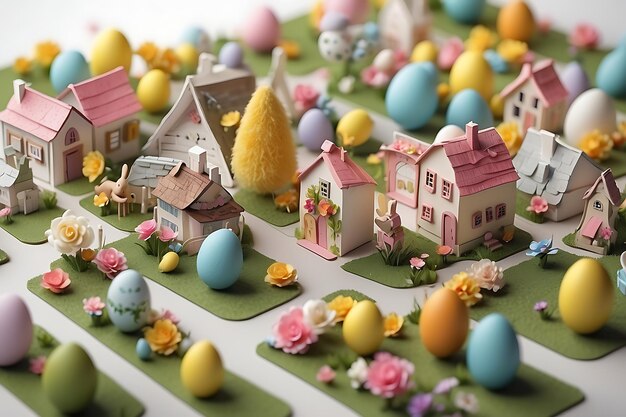 Easter eggs and houses 3d style illustration