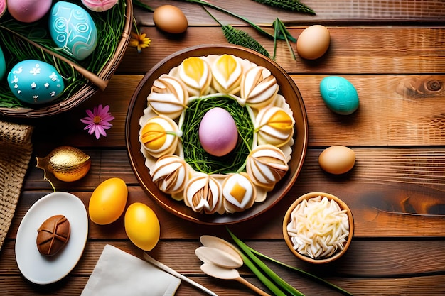 Фото Пасхальные яйца в корзине с яйцами на деревянном столе.