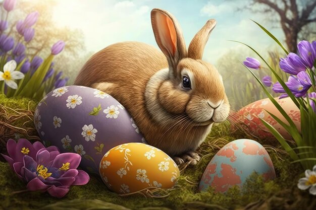 Easter eggs in a meadow with a bunny and flowers