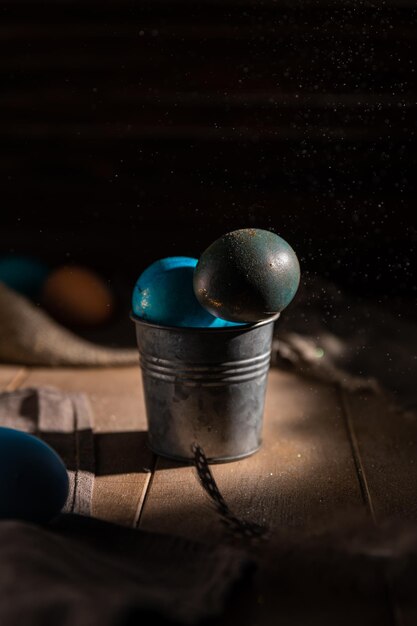 Easter eggs in a metal bucket holiday spring