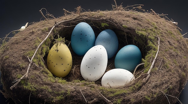 Easter eggs in a natural nest with bird eggs on a black background view from above and horizontal