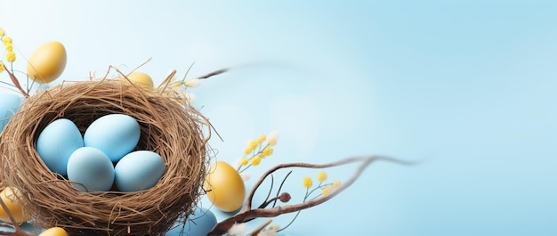 Easter eggs in a nest on a blue background