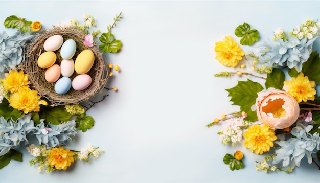 Easter eggs in a nest and flowers on a blue background