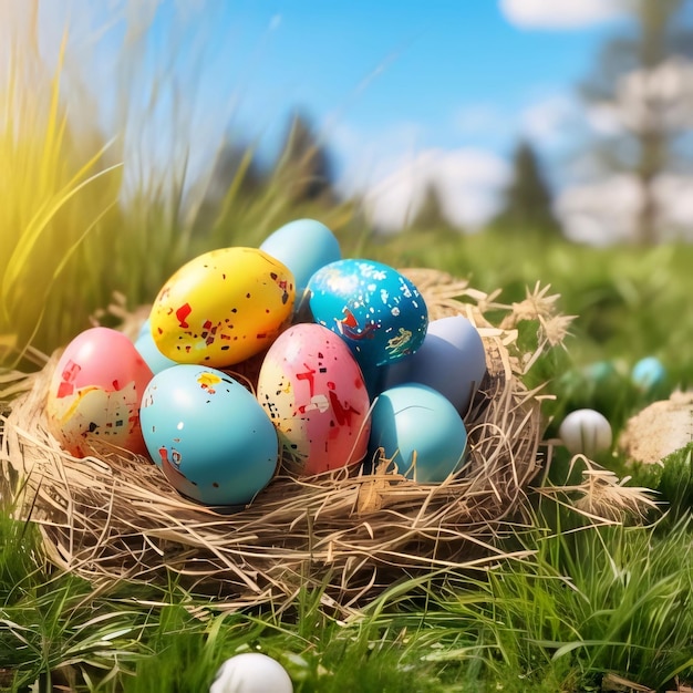 Easter eggs in nest on green grass background Easter holiday concept