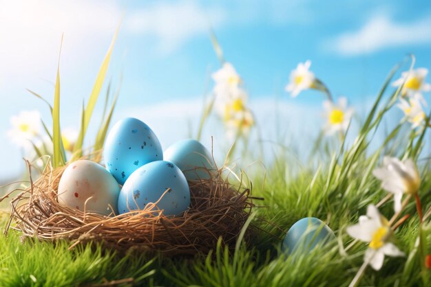 Easter eggs in the nest on green grass and blue sky background