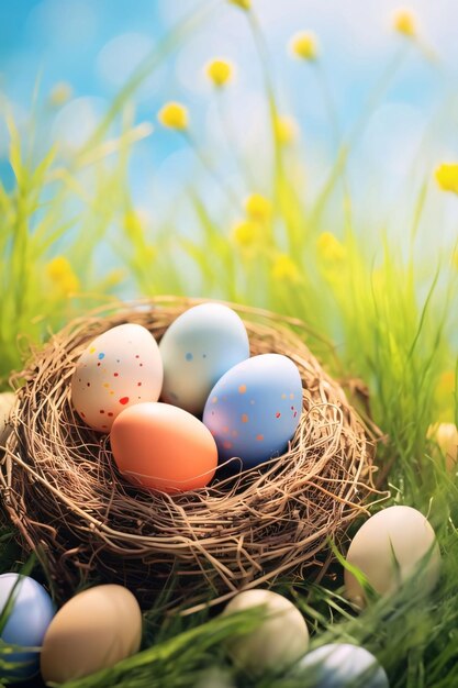 Easter eggs in nest on green grass and blue sky background