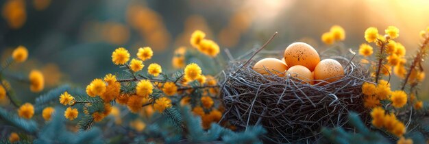 Foto uova di pasqua nido mimosa fiori sfondio hd illustrazioni