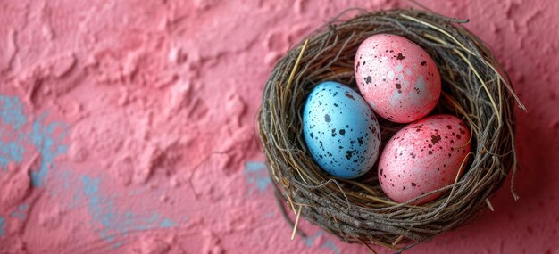 Easter Eggs in a Nest on a Pink Wall Background extreme closeup Generative AI