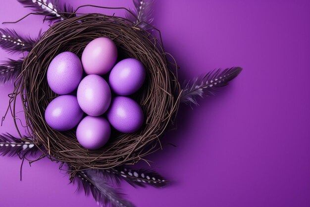 Easter eggs in nest on purple background seasonal elegance created with generative ai tools