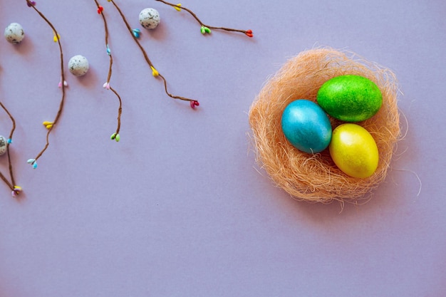 Easter eggs in a nest on a purple background