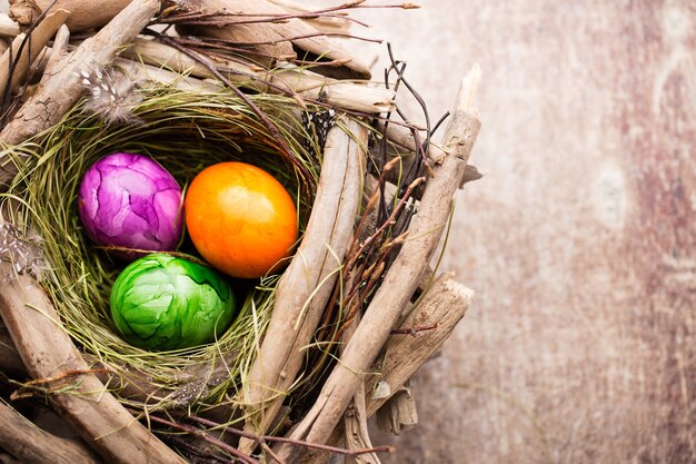 Easter eggs in the nest on rustic wooden background