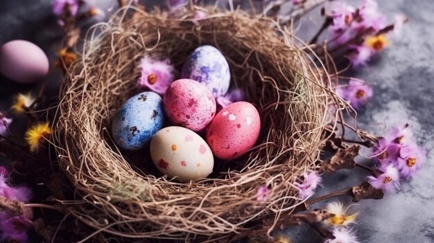 Пасхальные яйца в гнезде на деревенском деревянном фоне