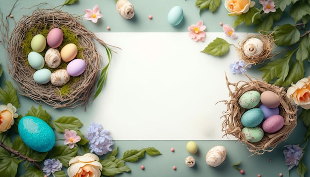 easter eggs in the nest and spring flowers Easter background