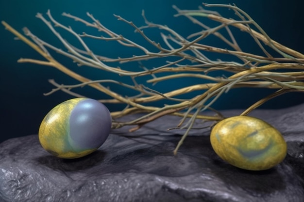 Easter eggs in a nest with a branch of cherry blossoms