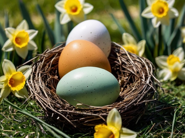 easter eggs in a nest with daffodils in the background AI generated