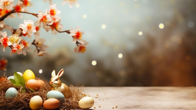 easter eggs in a nest with flowers and a bird nest