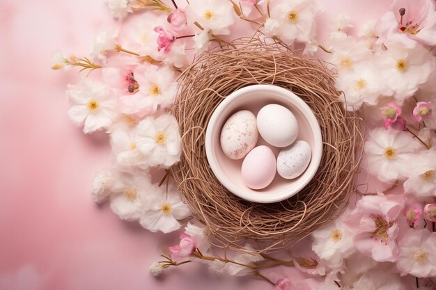 Photo easter eggs in nest with flowers by generative ai