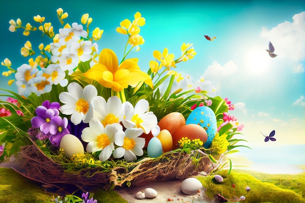 Easter eggs in a nest with flowers Generative AI Generative AI