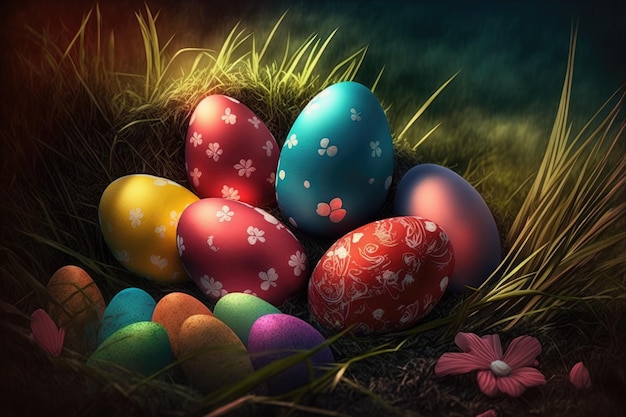 Easter eggs in a nest with flowers on the grass