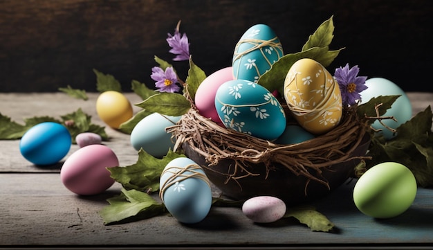 Easter eggs in a nest with flowers on the table