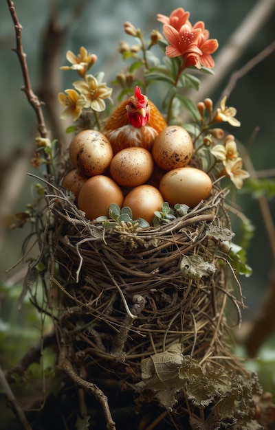 Photo easter eggs in nest with flowers