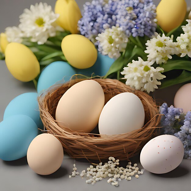 easter eggs in a nest with flowers
