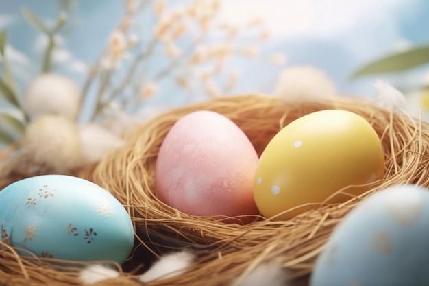 Easter eggs in a nest with flowers