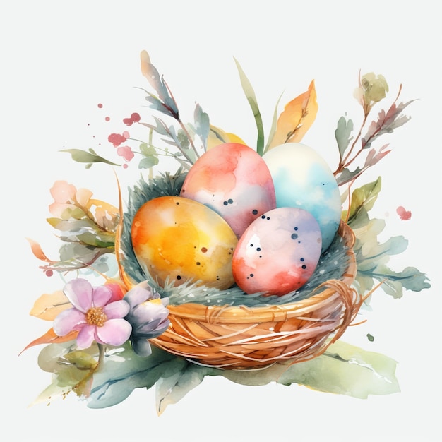 Easter eggs in a nest with flowers