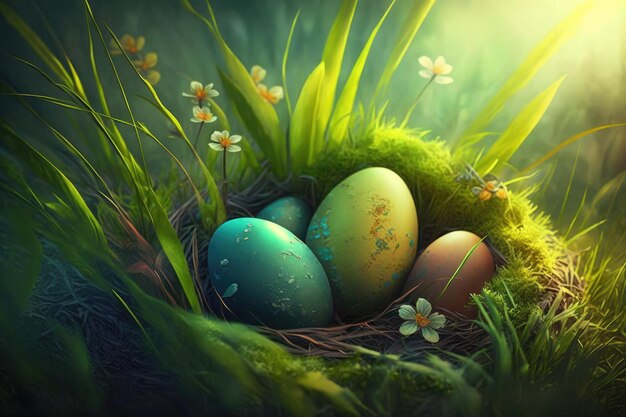 Easter eggs in a nest with flowers